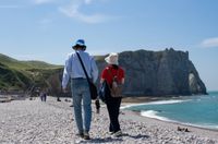 [Translate to Anglais:] A couple seen from behind wearing sun hats walks along a pebble beach toward the dramatic limestone cliffs of Étretat by the blue sea in Normandy.